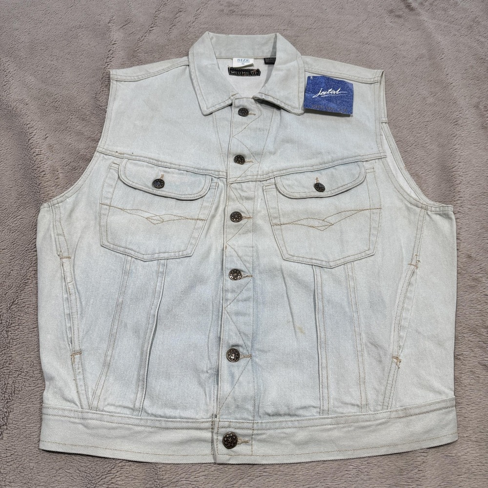 Vintage‎ Jeetish Thums Up Denim Jean Vest Mens Small Light Wash Button Front 90s